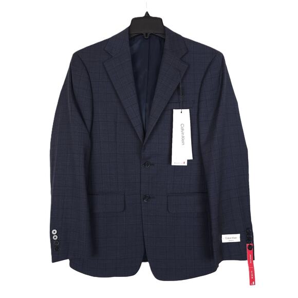 Calvin Klein Men's Slim-Fit Infinite Stretch Wool Suit Jacket Navy Plaid 36S NWT - Picture 1 of 7